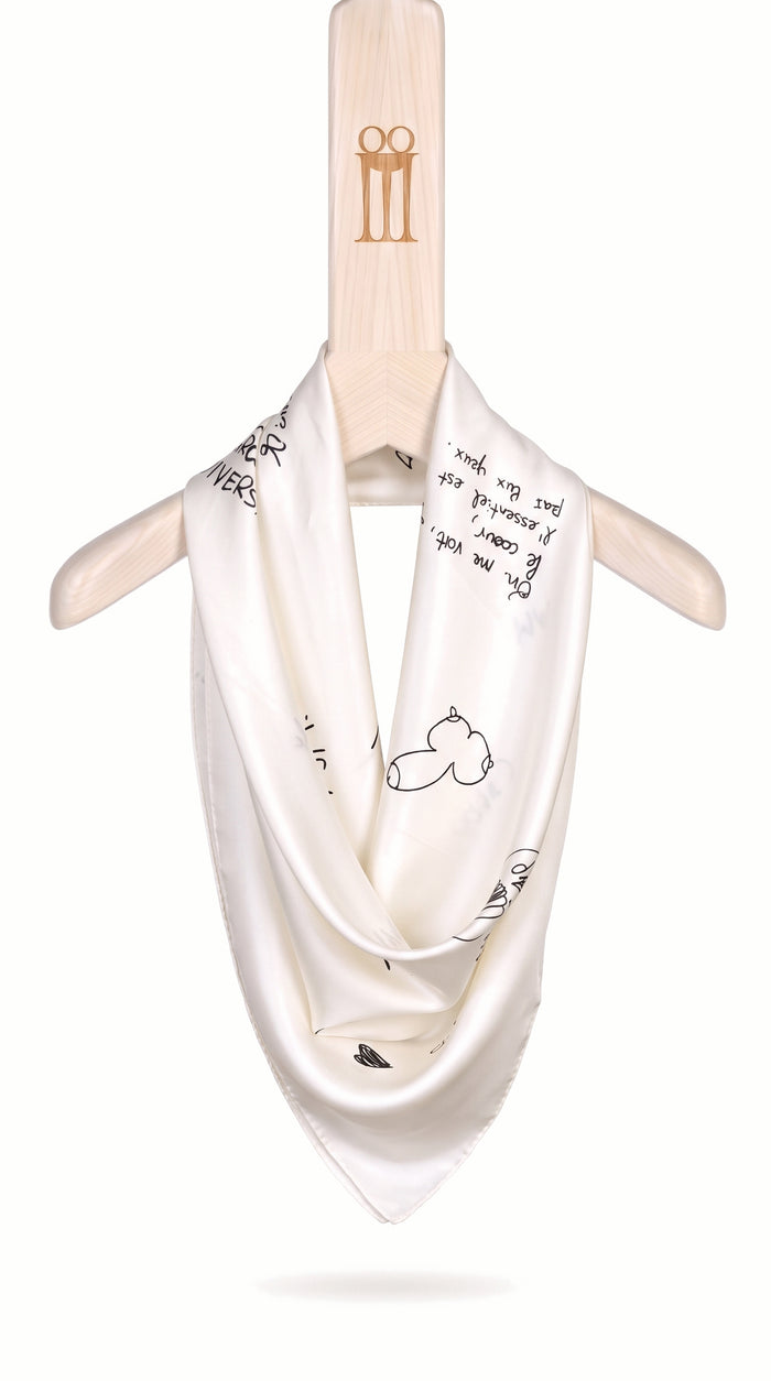 Fulon Foulard Scarf Ivory – silk foulard with graffiti print on the POAN Tripod hanger
