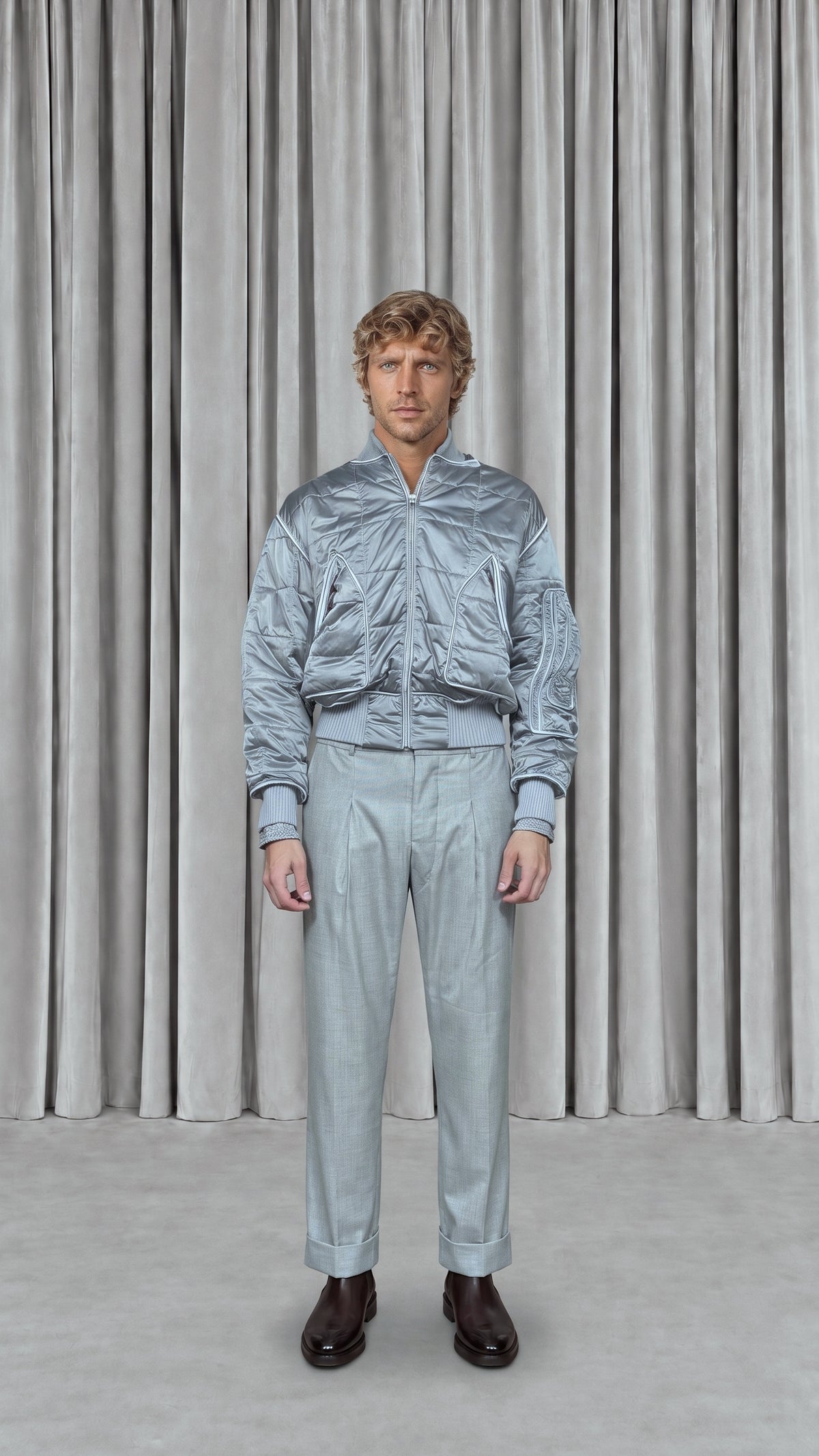 Iceman Bomber Quilted Nylon Silver Men, model front – POAN