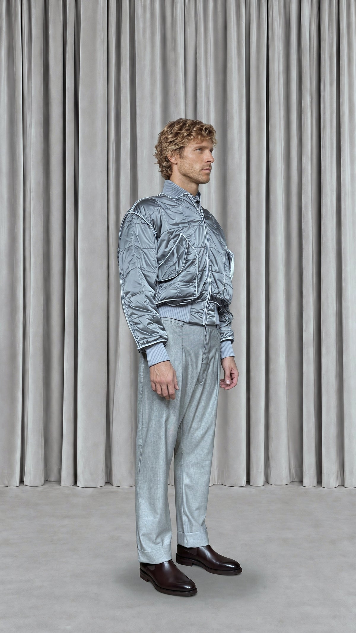 Iceman Bomber Quilted Nylon Silver Men, model side – POAN