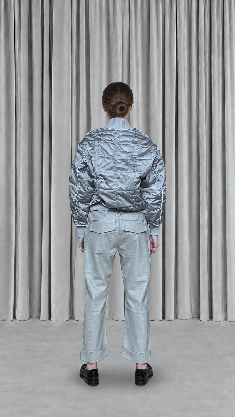 Iceman Bomber Quilted Nylon Silver Women, model back – POAN