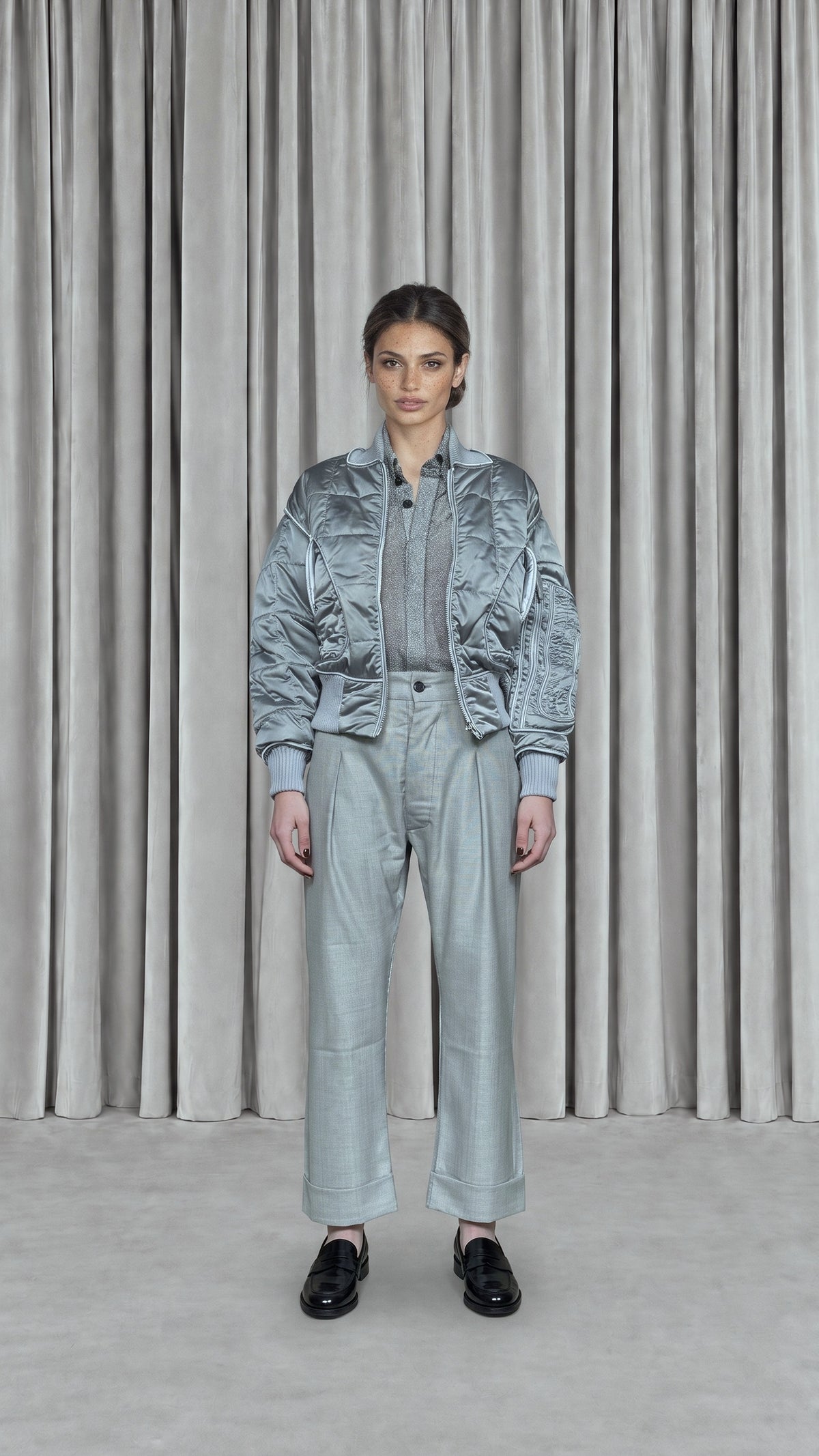 Iceman Bomber Quilted Nylon Silver Women, model front – POAN