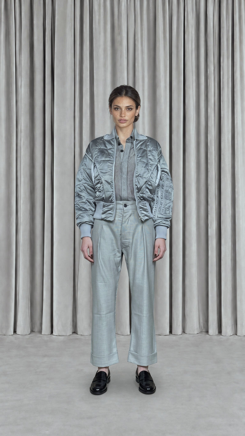 Iceman Bomber Quilted Nylon Silver Women, model front – POAN