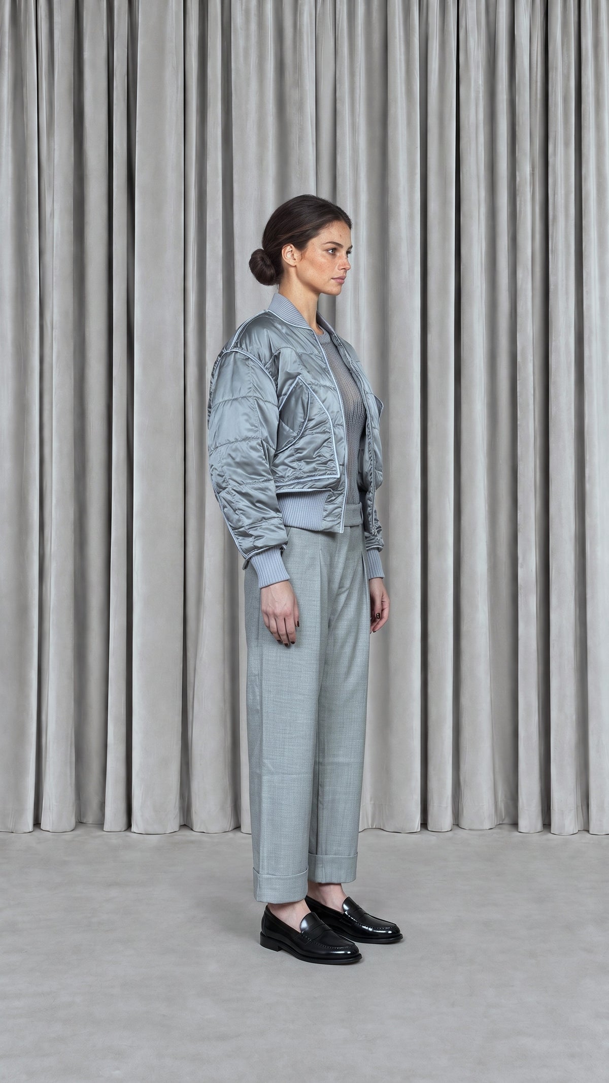 Iceman Bomber Quilted Nylon Silver Women, model side – POAN