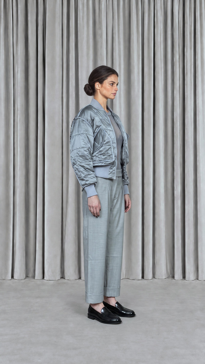 Iceman Bomber Quilted Nylon Silver Women, model side – POAN