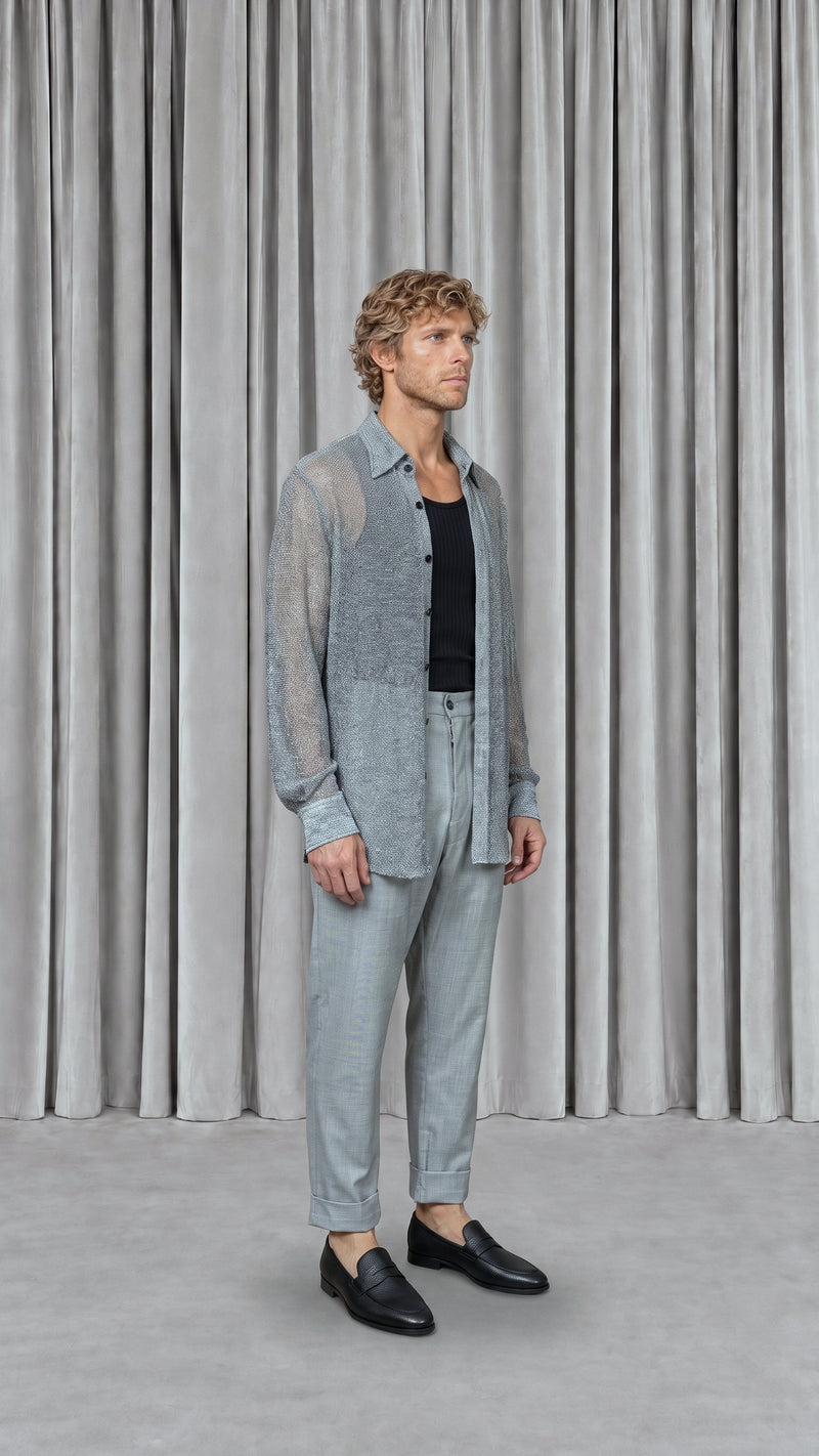 Ikarus Shirt Broken Stitch Silver Men, model side – POAN