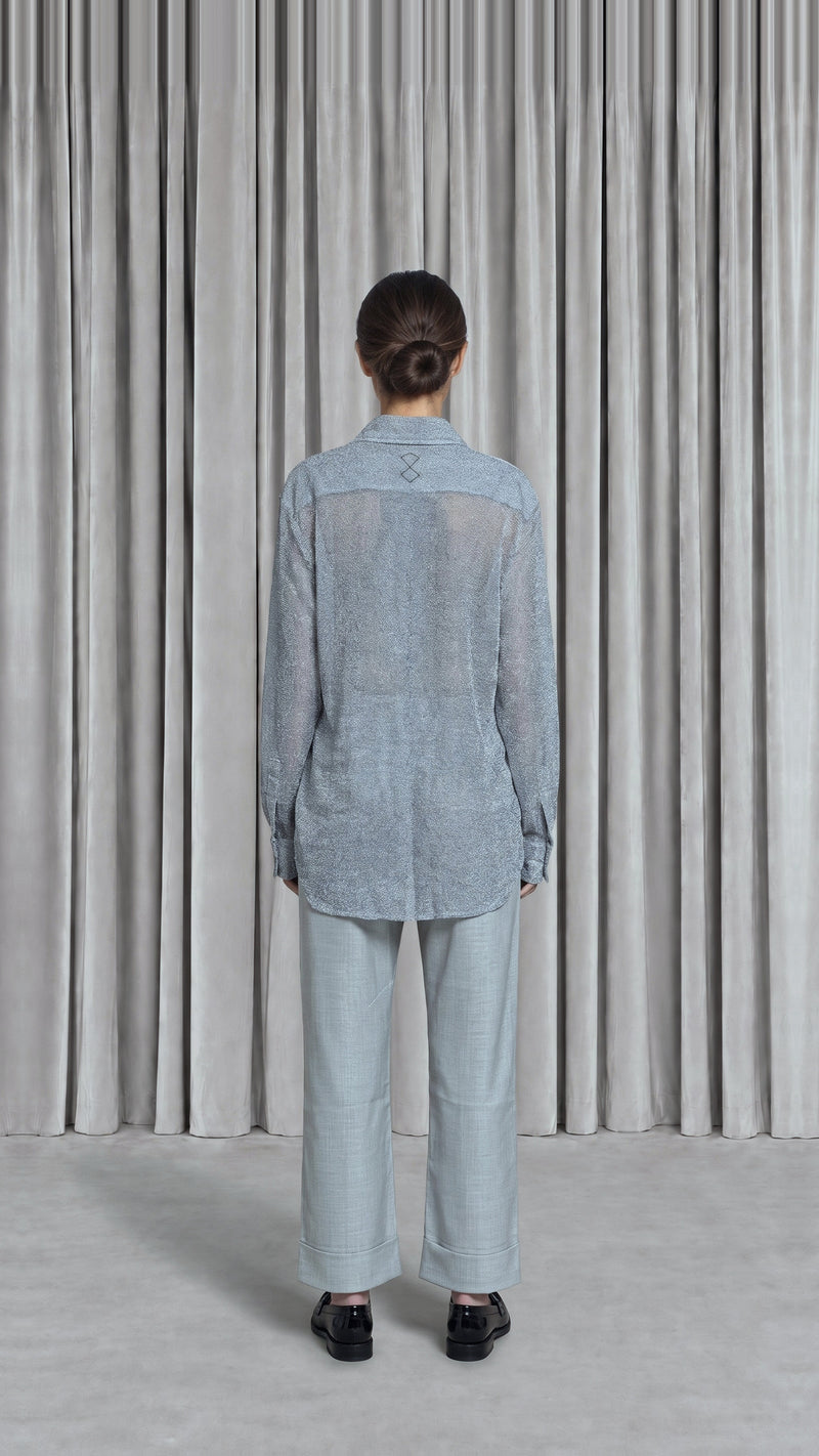 Ikarus Shirt Broken Stitch Silver Women, model back – POAN