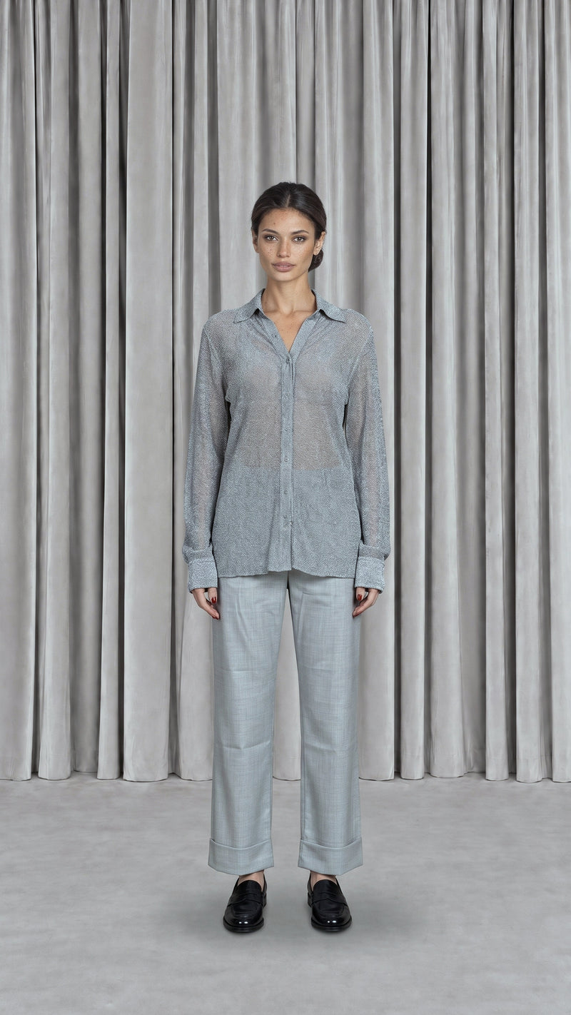 Ikarus Shirt Broken Stitch Silver Women, model front – POAN