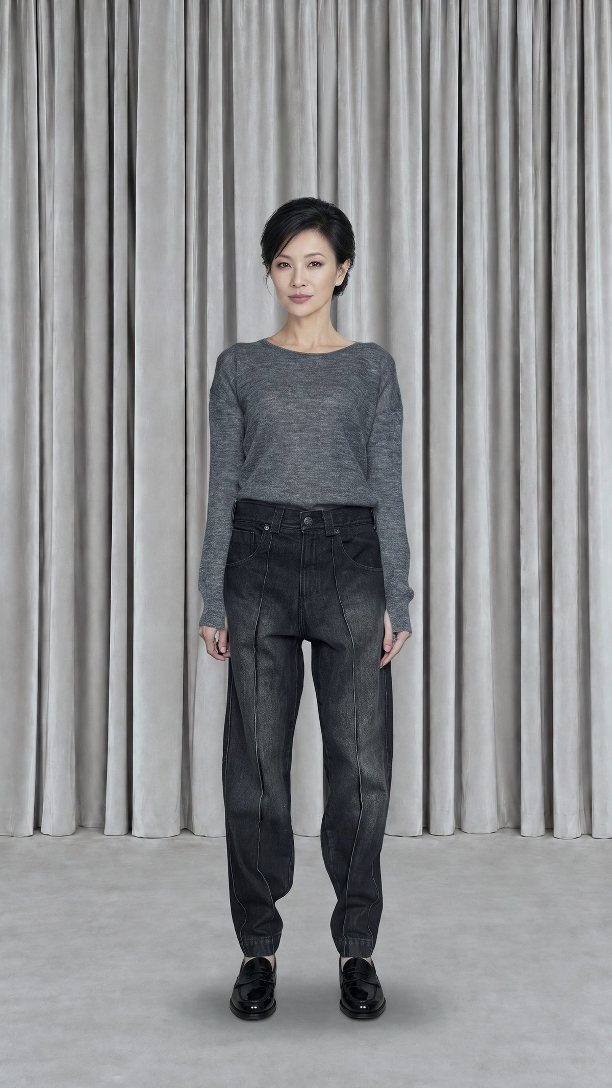 Kill Denim Washed Denim Asphalt Women, model front – POAN