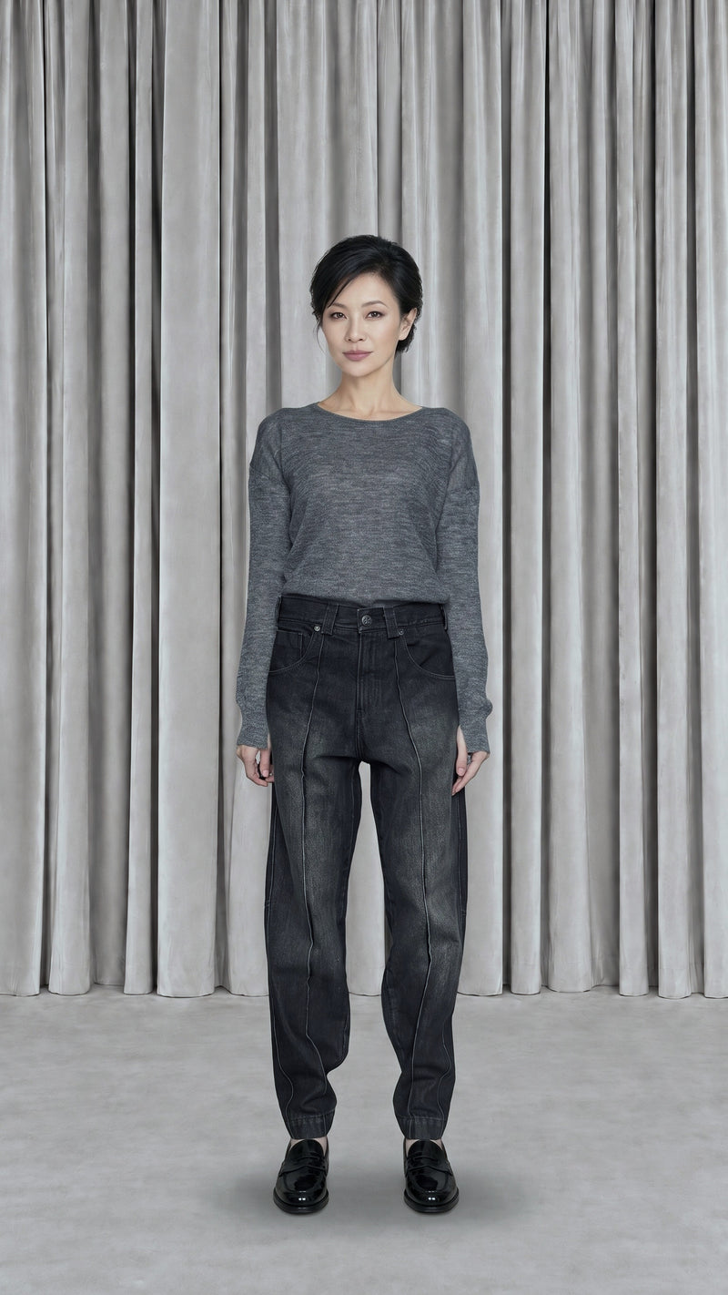 Kill Denim Washed Denim Asphalt Women, model front – POAN