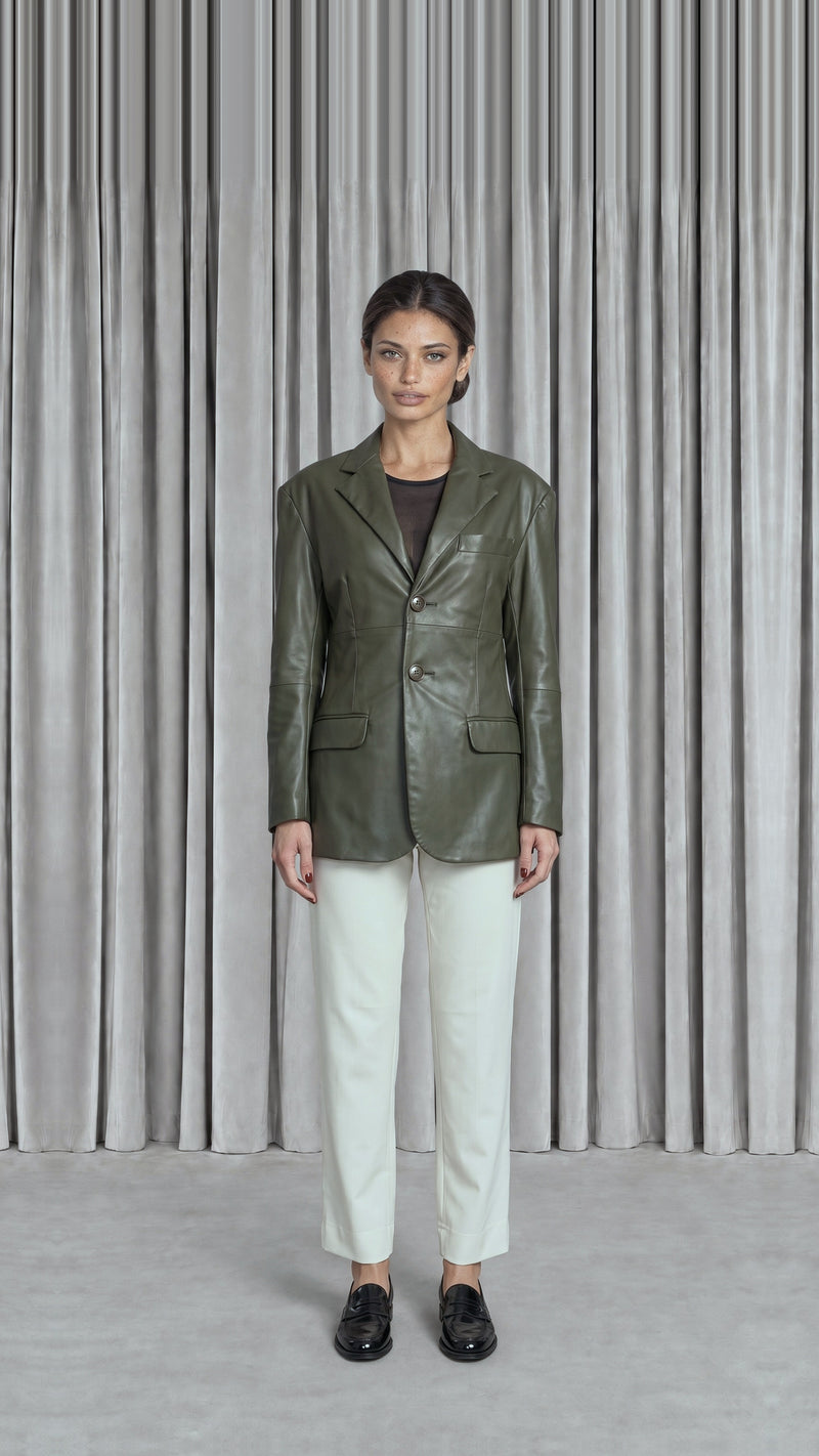 Nicholas Blazer Vegan Leather Olive Women, model front – POAN