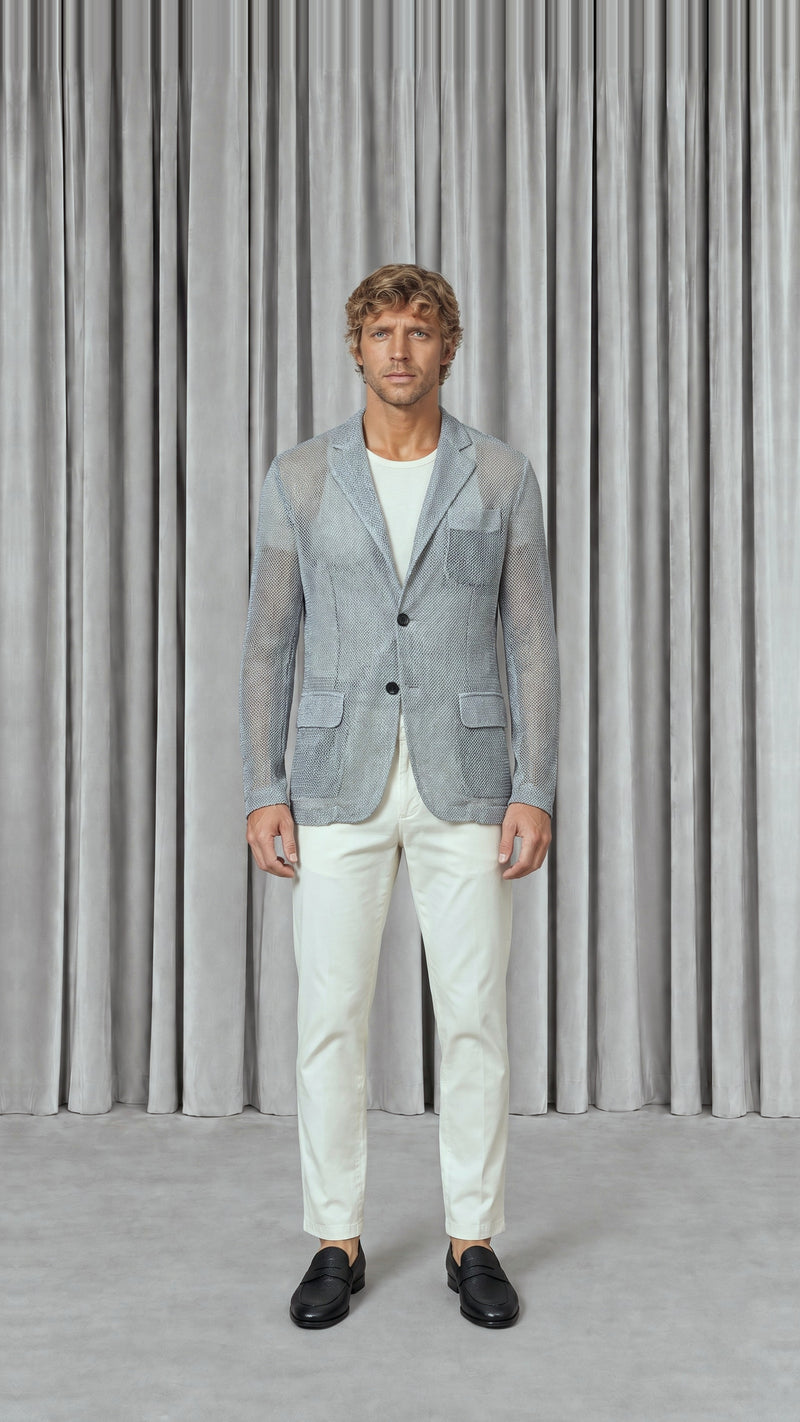 Nicholas Jacket Broken Stitch Silver Men, model front – POAN