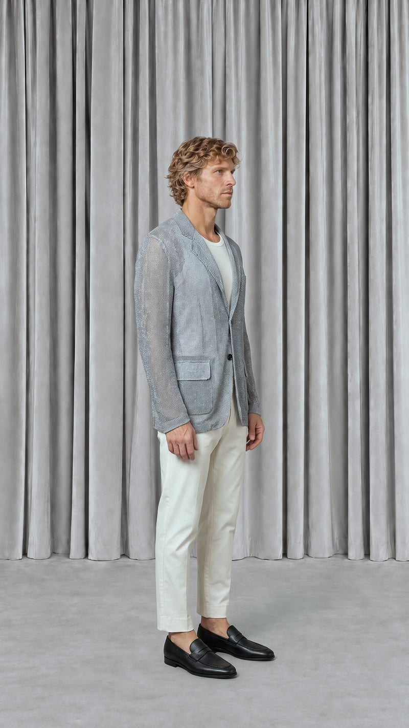 Nicholas Jacket Broken Stitch Silver Men, model side – POAN