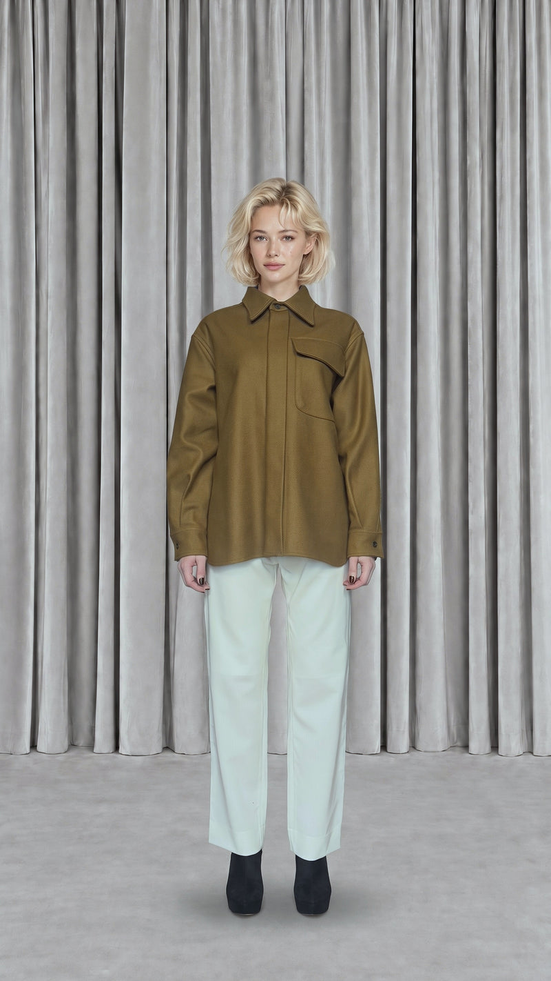 Paul Shirt Gabardine Tobacco Women, model front – POAN