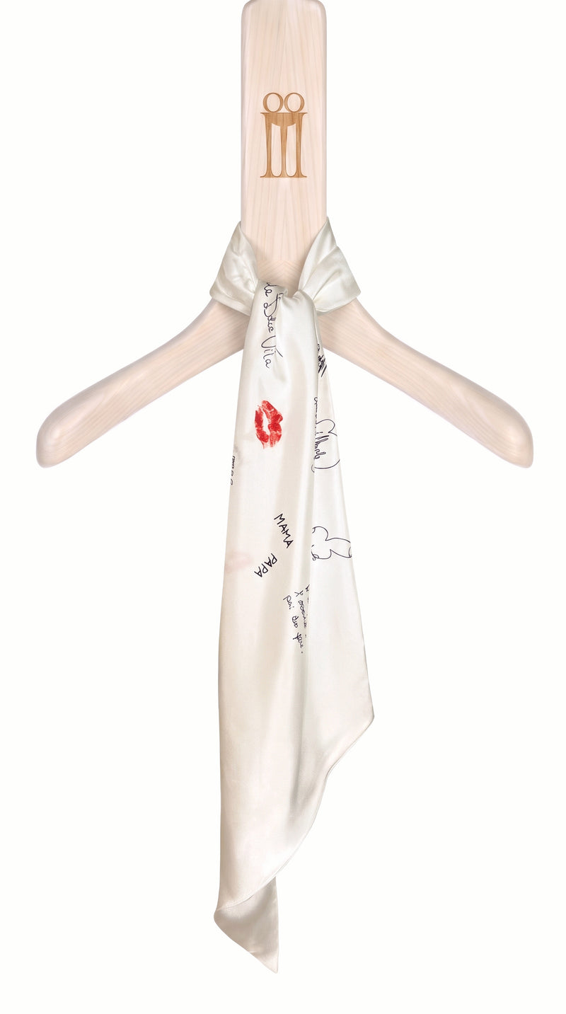 Scala Tubular Scarf Ivory – silk scarf with graffiti print on the POAN Tripod hanger