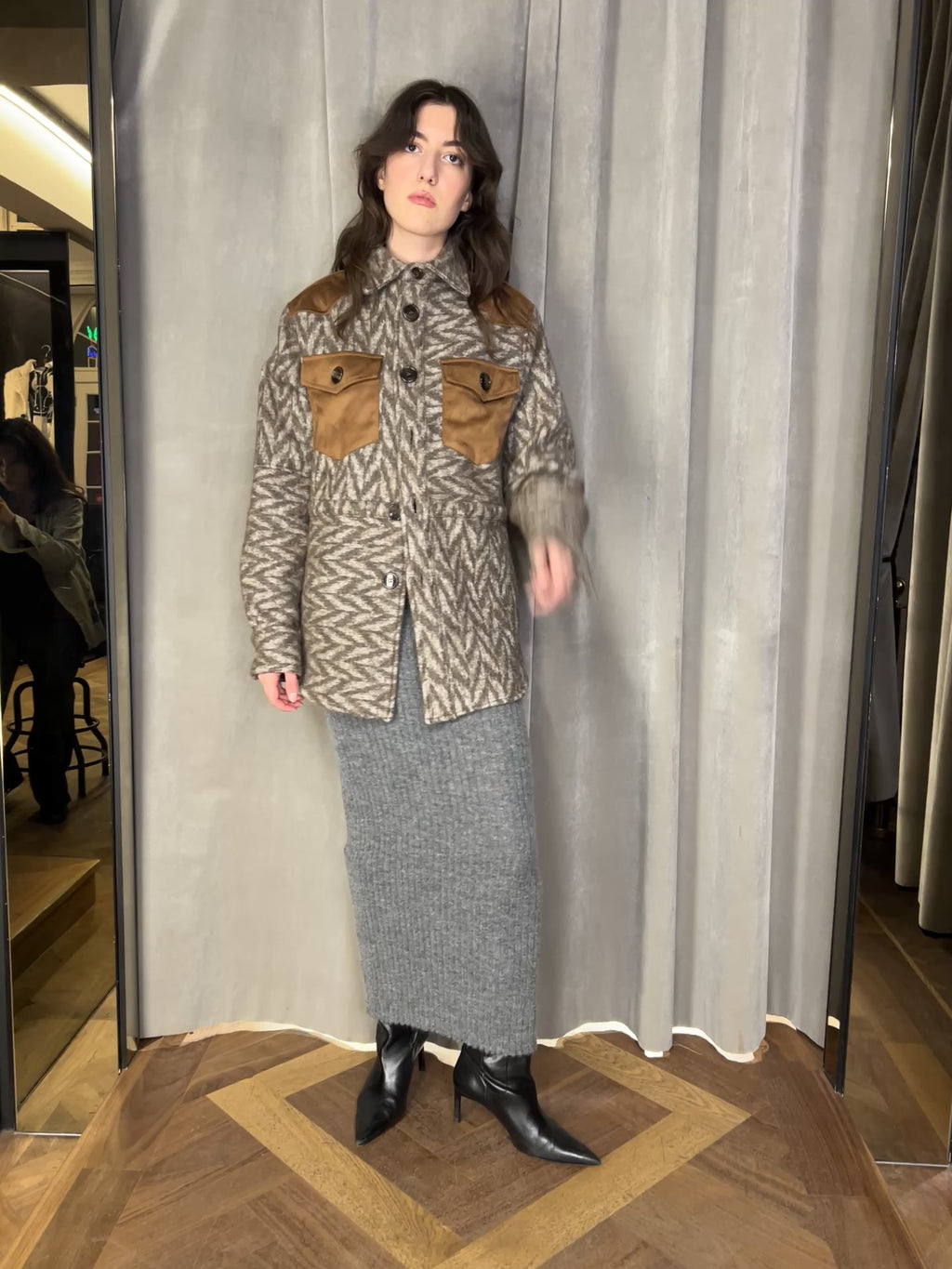 Brieuc Jacquard Blanket Overshirt Jacket Brown Women