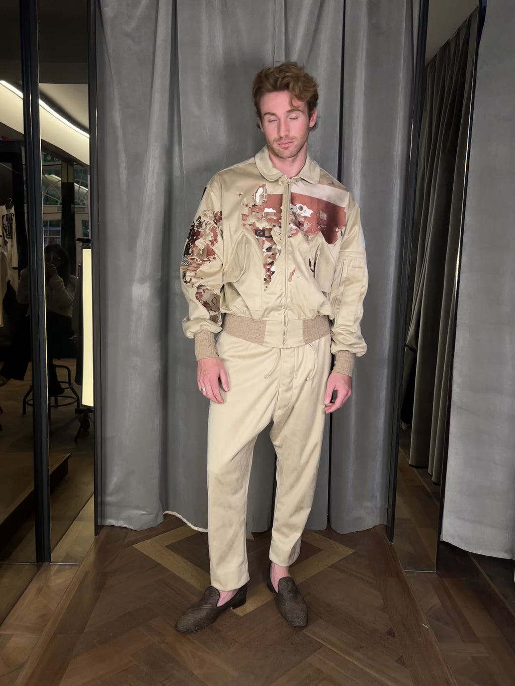 Worldmap Alcantara Embroidered Bomber Beige Men